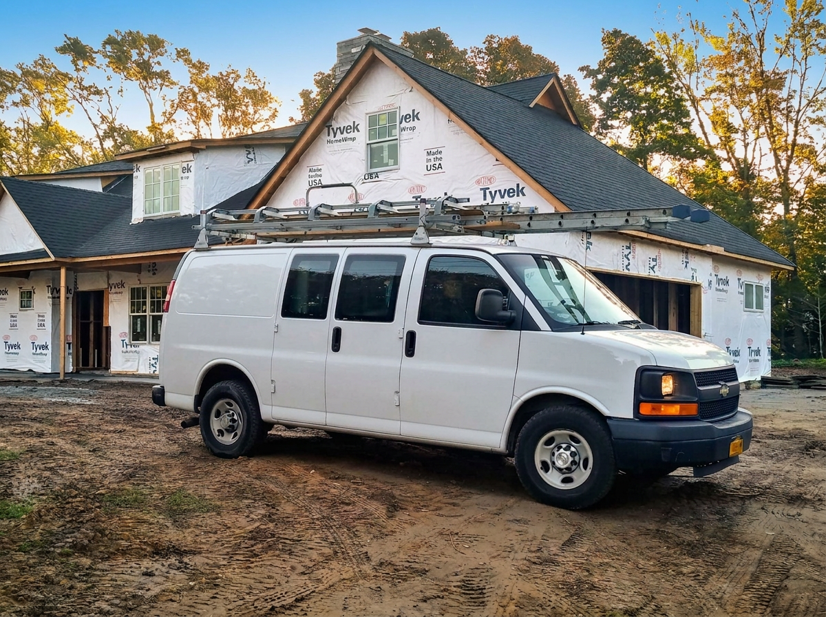 Company work van parked at a Long Island new-construction job site at golden hour