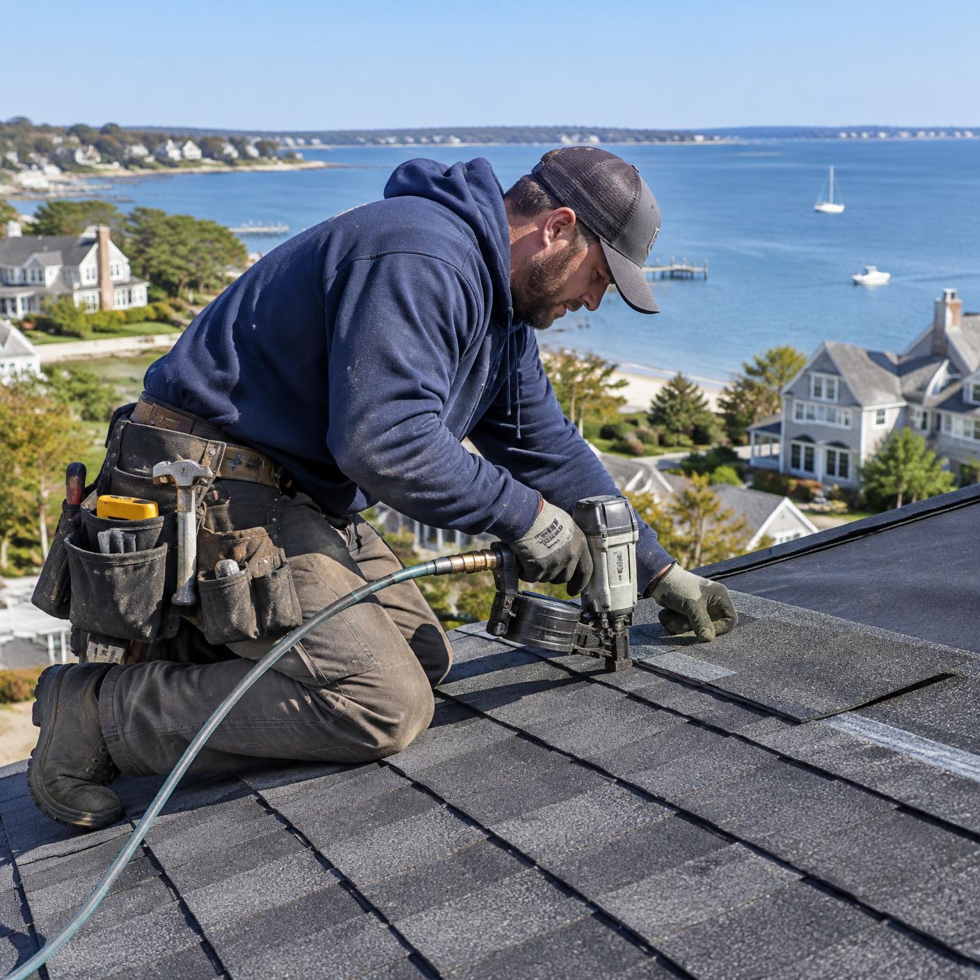 Long Island Roofing crew member working on a shingle roof