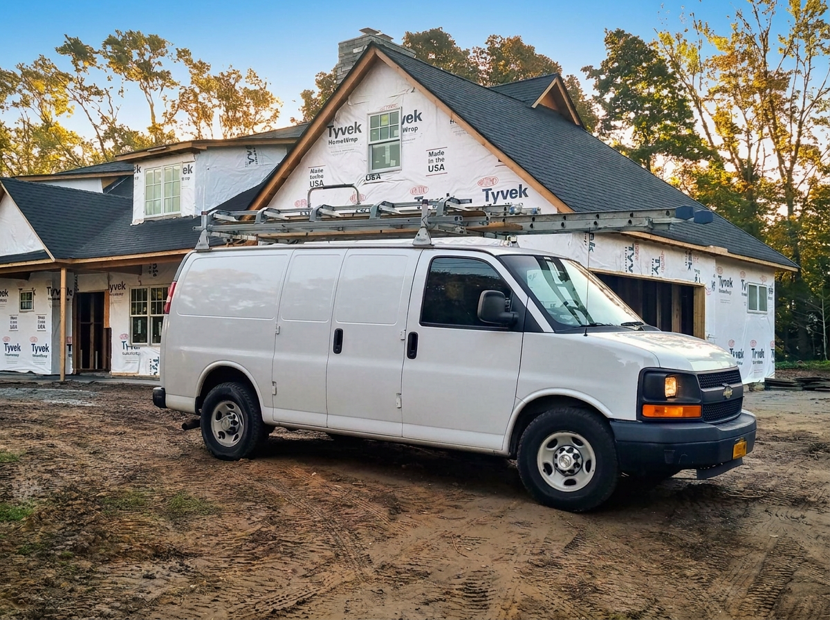 Work van parked at a Long Island new-construction home during roof installation